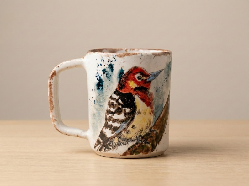May include: A white ceramic mug with a hand-painted illustration of a woodpecker perched on a branch. The bird features a red head, black and white striped wings, and a yellow chest. The mug has a rustic, textured finish with brown edges.