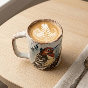 May include: A ceramic mug with a rustic, off-white finish and a brown rim, featuring a detailed watercolor-style illustration of a woodpecker perched on a branch. The mug is filled with a latte topped with a white fern-shaped foam design.