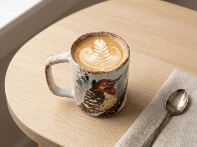 May include: A ceramic mug with a rustic, off-white finish and a brown rim, featuring a detailed watercolor-style illustration of a woodpecker perched on a branch. The mug is filled with a latte topped with a white fern-shaped foam design.
