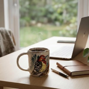 May include: A ceramic mug with a hand-painted illustration of a red-headed woodpecker perched on a branch. The mug has a speckled off-white finish, a curved handle, and contains a dark liquid with visible steam rising from the top rim.