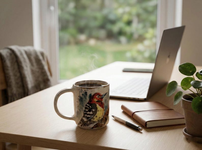 May include: A ceramic mug with a hand-painted illustration of a red-headed woodpecker perched on a branch. The mug has a speckled off-white finish, a curved handle, and contains a dark liquid with visible steam rising from the top rim.