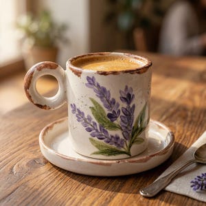 May include: A ceramic mug filled with coffee, resting on a matching saucer. The mug is decorated with lavender sprigs in purple and green. The handle and rim have a rustic, brown finish. A spoon and lavender sprig are next to the saucer.