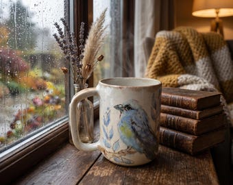 May include: A ceramic mug with a cream-colored glaze featuring a hand-painted blue bird perched on a branch with blue leaves. The mug has a sturdy handle and sits on a wooden surface next to a small glass vase with dried flowers and three books.