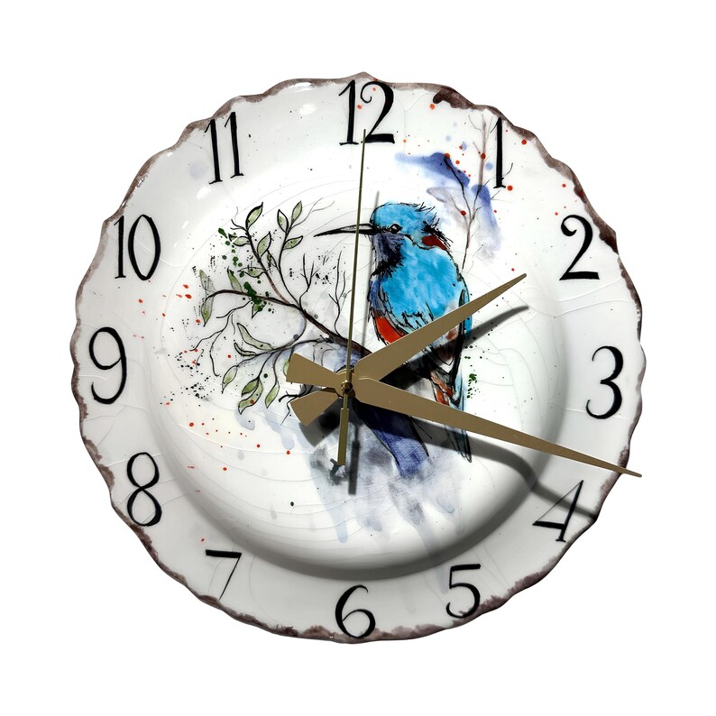 Handmade Ceramic Wall Clock, Hand Painted Bird Clock, Large Rustic ...