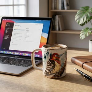 May include: A silver laptop displaying a productivity application, a ceramic mug featuring a watercolor illustration of a woodpecker, a brown leather-bound notebook, and a black fountain pen arranged on a light wood surface.