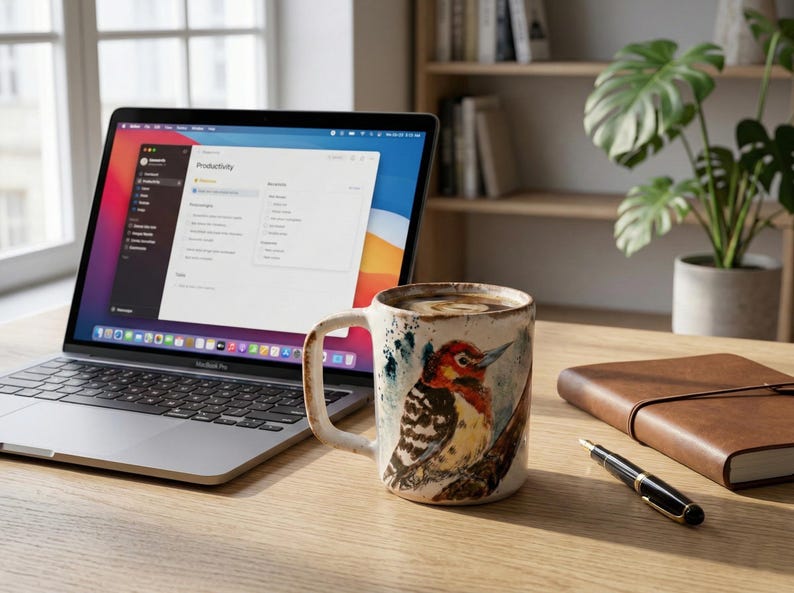May include: A silver laptop displaying a productivity application, a ceramic mug featuring a watercolor illustration of a woodpecker, a brown leather-bound notebook, and a black fountain pen arranged on a light wood surface.
