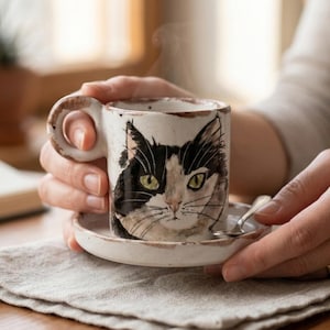 May include: A ceramic mug featuring a hand-painted black and white cat face design. The mug sits on a matching saucer, with a small spoon. The mug contains a hot drink, with steam rising. The mug and saucer are on a linen cloth.