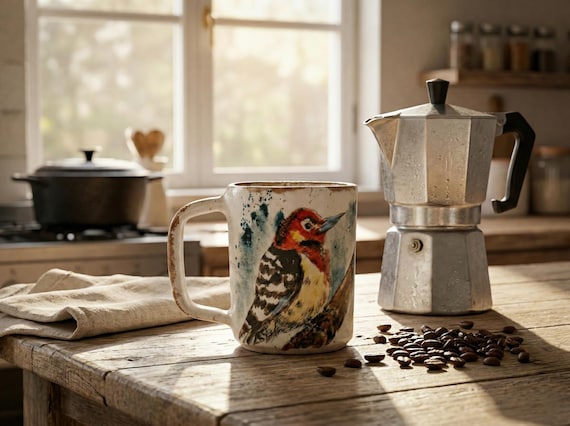 Hand Painted Bird Mug, Ceramic Coffee Mug, Wildlife Art Mug, Handmade Pottery Mug, Nature Lover Gift, Rustic Artistic Cup
