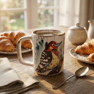 May include: A ceramic mug with a speckled off-white finish featuring a watercolor-style illustration of a woodpecker with a red head and black and white wings. The mug has a sturdy handle and contains a dark liquid with visible steam rising.