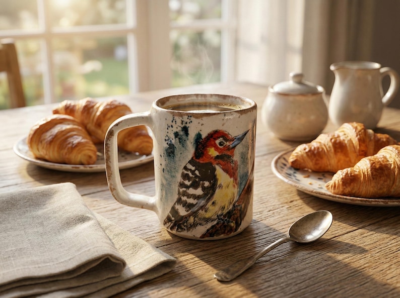 May include: A ceramic mug with a speckled off-white finish featuring a watercolor-style illustration of a woodpecker with a red head and black and white wings. The mug has a sturdy handle and contains a dark liquid with visible steam rising.