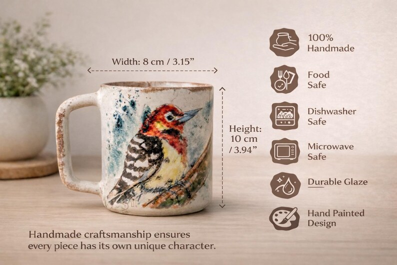 May include: A ceramic mug featuring a hand-painted woodpecker illustration, measuring 3.15 inches in width and 3.94 inches in height. The mug is labeled as 100% handmade, food safe, dishwasher safe, microwave safe, with a durable glaze finish.