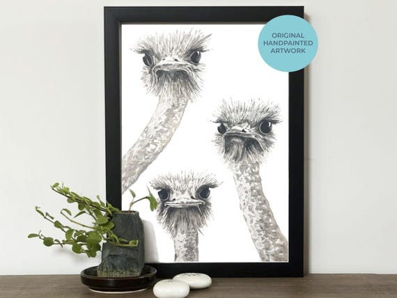 Ostrich Watercolour Painting Original A4 | Funny Wall Art | Quirky Home Decor | Animal Lover Gift