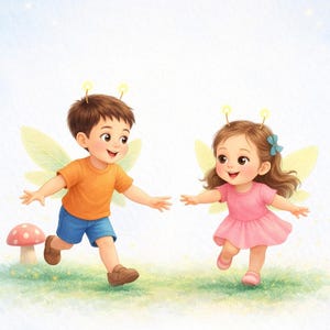 Könnte beinhalten: Digitale Illustration von zwei Kindern, einem Jungen und einem Mädchen, die aufeinander zulaufen. Sie werden als Feen mit Flügeln und Antennen dargestellt. Der Junge trägt ein orangefarbenes T-Shirt und blaue Shorts, das Mädchen ein rosa Kleid.