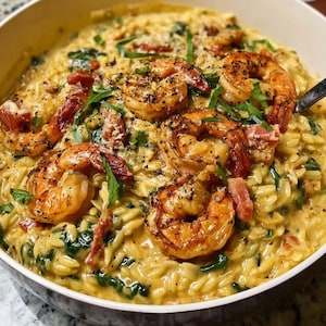 Krämiga toskanska räkor och orzo i en gryta