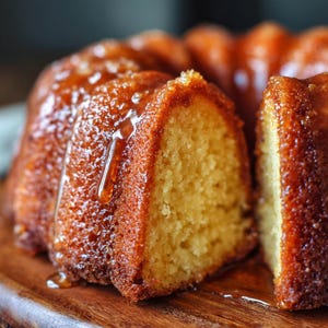 May include: A golden-brown bundt cake with a glossy glaze, presented on a wooden serving board. A slice has been cut, revealing the cake's moist interior. The glaze drips down the sides, enhancing the cake's visual appeal.