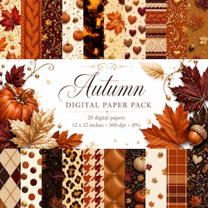 May include: Autumn digital paper pack featuring 20 digital papers, 12 x 12 inches, 300 dpi, JPG. The collection displays various patterns including orange pumpkins, gold and red maple leaves, acorns, knit textures, plaid, leopard print, and hearts.