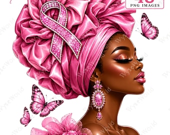 Pacchetto di clipart per la sensibilizzazione sul cancro al seno tra le donne nere: nastro rosa, fiori, farfalle (48 PNG)