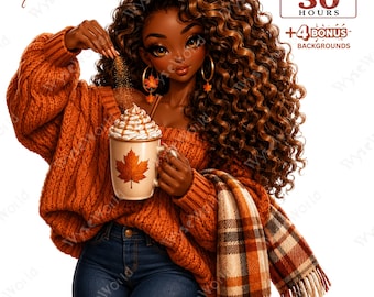 30 Fall PNG, Autumn Clipart Bundle, Black Woman, Digital Art for Sublimation Designs