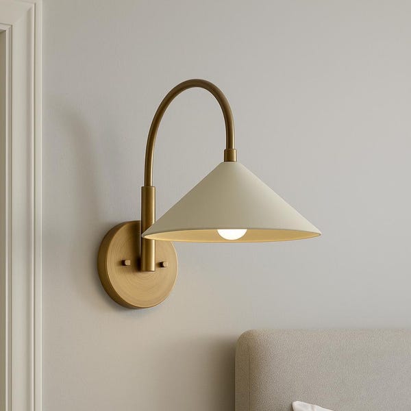 Modern Antique Brass Cone Wall Sconce – Handcrafted Curved Arm Wall Lamp for Bedside, Bathroom Vanity & Minimalist Decor