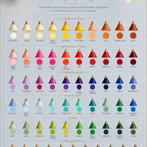 May include: A colour chart for custom lighting shades by Zuhminary, displaying a wide array of conical metal lamp shades in various hues categorised by colour families including warm neutrals, bold tones, purples, blues, and earth tones.