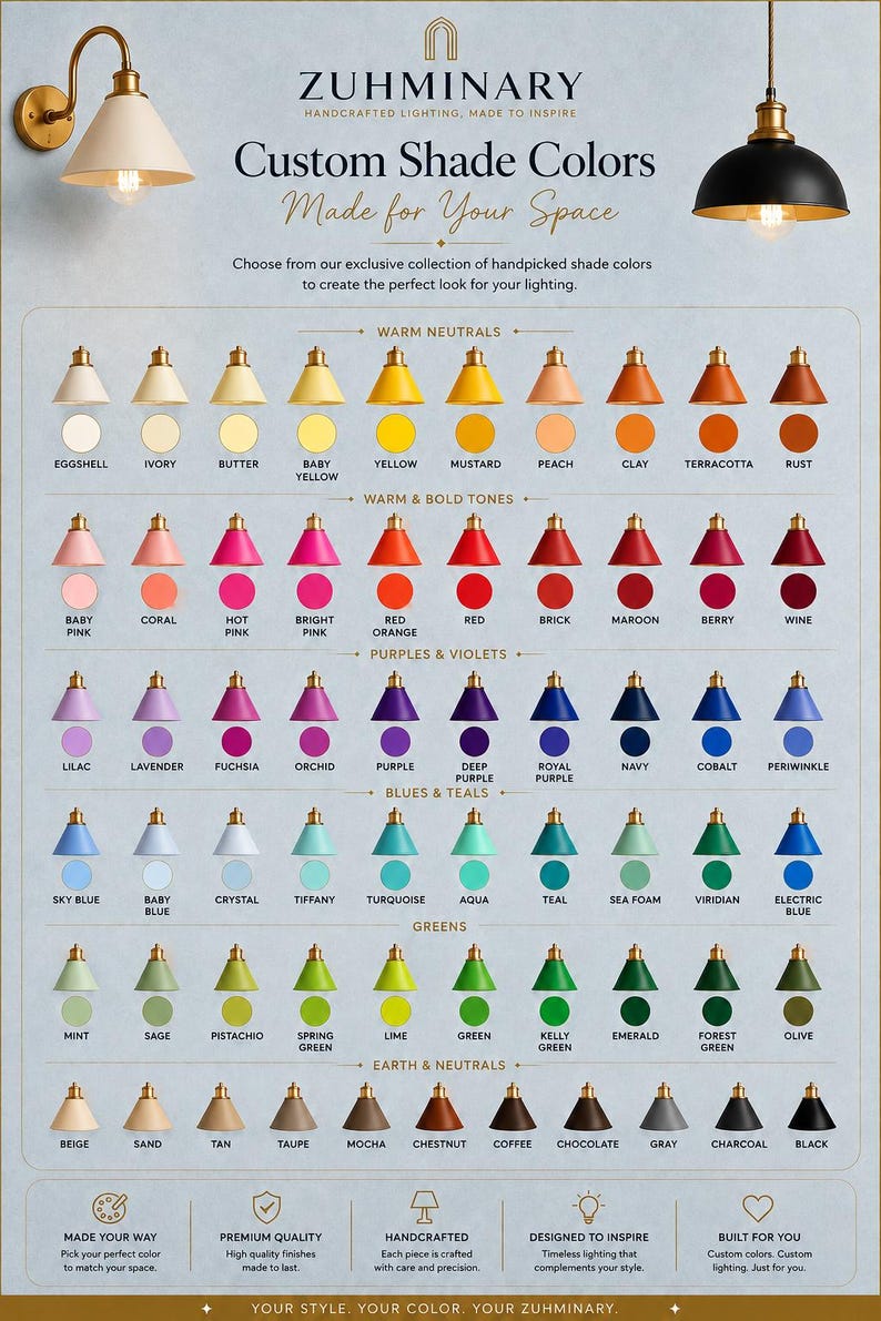 May include: A colour chart for custom lighting shades by Zuhminary, displaying a wide array of conical metal lamp shades in various hues categorised by colour families including warm neutrals, bold tones, purples, blues, and earth tones.