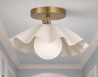 Modern Cream Ruffle Flush Mount – Handcrafted Adjustable Flower Shade Ceiling Light for Bedroom, Kitchen & Hallway Decor
