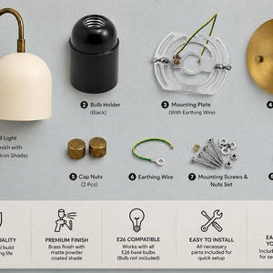 May include: A wall light kit featuring a brass finish arm and off-white iron shade, a black bulb holder, mounting plate with earthing wire, brass base cover, two cap nuts, earthing wire, mounting screws, nuts, and two blue wire connectors.