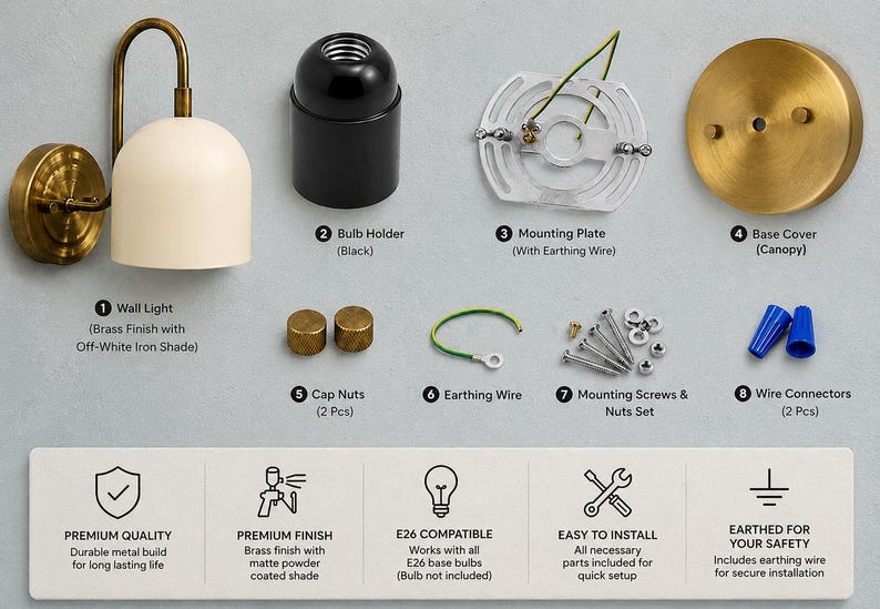 May include: A wall light kit featuring a brass finish arm and off-white iron shade, a black bulb holder, mounting plate with earthing wire, brass base cover, two cap nuts, earthing wire, mounting screws, nuts, and two blue wire connectors.