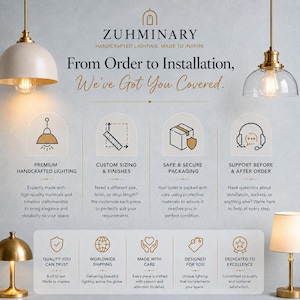 May include: An informational graphic for Zuhminary lighting featuring two pendant lights at the top and a table lamp at the bottom. The text outlines services including custom sizing, secure packaging, and customer support with various icons.