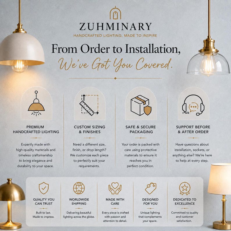 May include: An informational graphic for Zuhminary lighting featuring two pendant lights at the top and a table lamp at the bottom. The text outlines services including custom sizing, secure packaging, and customer support with various icons.