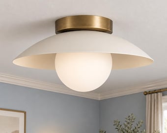 Modern Brass Dome Flush Mount – Handcrafted Cream Shade Glass Globe Ceiling Light for Low-Profile Kitchen, Bedroom & Hallway