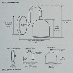 May include: A technical line drawing of a wall sconce with a dome-shaped shade and curved arm. Dimensions include a 12.7 cm back plate diameter, 21.6 cm total height, 22.9 cm total projection, 12.1 cm shade height, 2.5 cm back plate thickness, and 15.2 cm arm length.