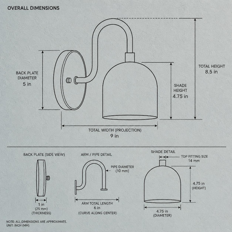 May include: A technical line drawing of a wall sconce with a dome-shaped shade and curved arm. Dimensions include a 12.7 cm back plate diameter, 21.6 cm total height, 22.9 cm total projection, 12.1 cm shade height, 2.5 cm back plate thickness, and 15.2 cm arm length.