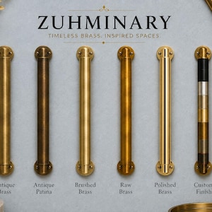 May include: Six cylindrical metal door handles arranged vertically, labelled Zuhminary. Finishes include antique brass, antique patina, brushed brass, raw brass, polished brass, and a custom finish with alternating black, silver, and brass segments.