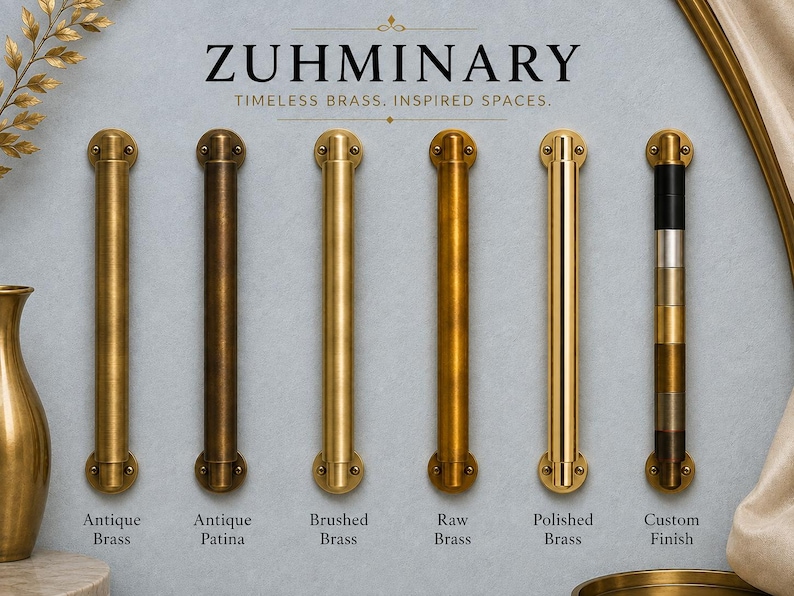 May include: Six cylindrical metal door handles arranged vertically, labelled Zuhminary. Finishes include antique brass, antique patina, brushed brass, raw brass, polished brass, and a custom finish with alternating black, silver, and brass segments.