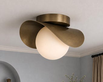 Mid-Century Modern Brass Flush Mount Ceiling Light • Handcrafted Sculptural Petal Shade Lamp • Vintage Italian Minimalist Ceiling Fixture