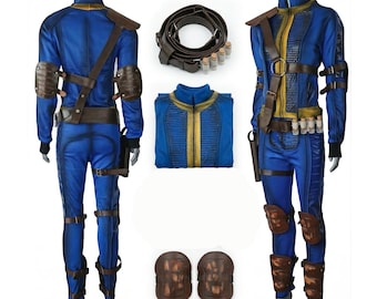 Traje de cosplay de Fallout Vault Suit con armadura de cuero / Traje de cosplay de mono azul de habitante del refugio / Disfraz de Halloween a medida