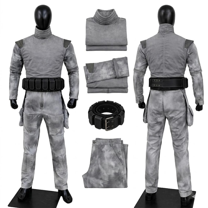 May include: A gray mottled long-sleeve jumpsuit with a high collar, shoulder patches, and side pockets. The set includes a black utility belt with multiple pouches, a folded gray top, folded gray pants, and a coiled black belt with a metal buckle.