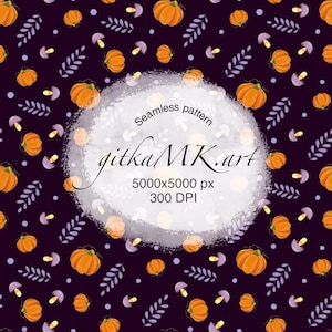May include: A seamless pattern featuring orange pumpkins, light purple mushrooms, and lavender sprigs on a dark purple background. A central white circular overlay displays the text Seamless pattern, gitkaMK.art, 5000x5000 px, and 300 DPI.