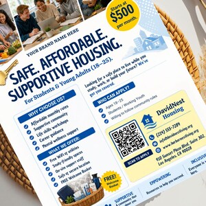 Peut inclure: Un flyer publicitaire pour un logement &laquo; S&Ucirc;R. ABORDABLE. ACCOMPAGNANT &raquo; pour &eacute;tudiants et jeunes adultes. Il d&eacute;taille les services, les tarifs mensuels, la communaut&eacute; et le soutien. Un code QR et les coordonn&eacute;es sont &eacute;galement inclus.