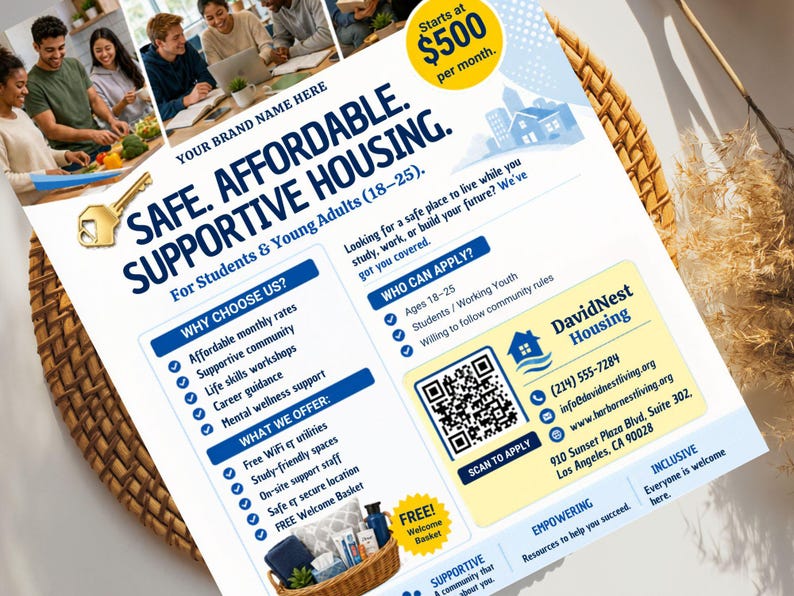 Peut inclure: Un flyer publicitaire pour un logement &laquo; S&Ucirc;R. ABORDABLE. ACCOMPAGNANT &raquo; pour &eacute;tudiants et jeunes adultes. Il d&eacute;taille les services, les tarifs mensuels, la communaut&eacute; et le soutien. Un code QR et les coordonn&eacute;es sont &eacute;galement inclus.