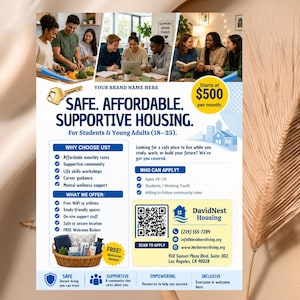 Peut inclure: Flyer promotionnel pour le logement &eacute;tudiant et pour jeunes adultes. L'image pr&eacute;sente un groupe de jeunes, une cl&eacute; et le texte &laquo; Logement s&ucirc;r, abordable et solidaire &raquo;. Il &eacute;num&egrave;re les commodit&eacute;s et les coordonn&eacute;es.