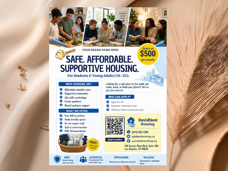 Peut inclure: Flyer promotionnel pour le logement &eacute;tudiant et pour jeunes adultes. L'image pr&eacute;sente un groupe de jeunes, une cl&eacute; et le texte &laquo; Logement s&ucirc;r, abordable et solidaire &raquo;. Il &eacute;num&egrave;re les commodit&eacute;s et les coordonn&eacute;es.