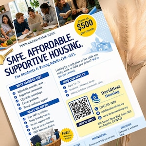 Peut inclure: Flyer publicitaire pour un logement s&ucirc;r et abordable pour &eacute;tudiants et jeunes adultes. Il pr&eacute;sente une photo de groupe, des informations sur les tarifs, les services et les coordonn&eacute;es.