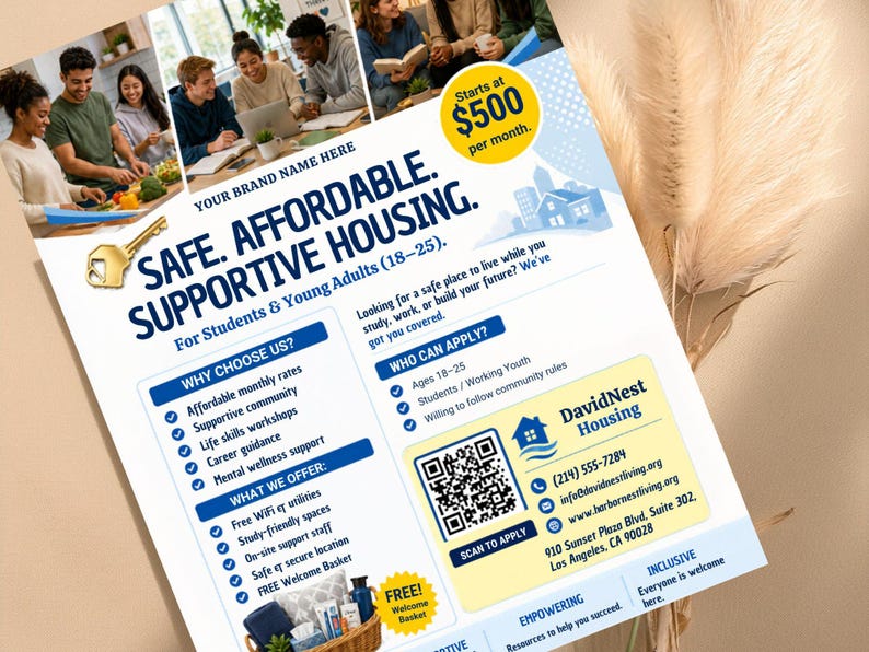 Peut inclure: Flyer publicitaire pour un logement s&ucirc;r et abordable pour &eacute;tudiants et jeunes adultes. Il pr&eacute;sente une photo de groupe, des informations sur les tarifs, les services et les coordonn&eacute;es.