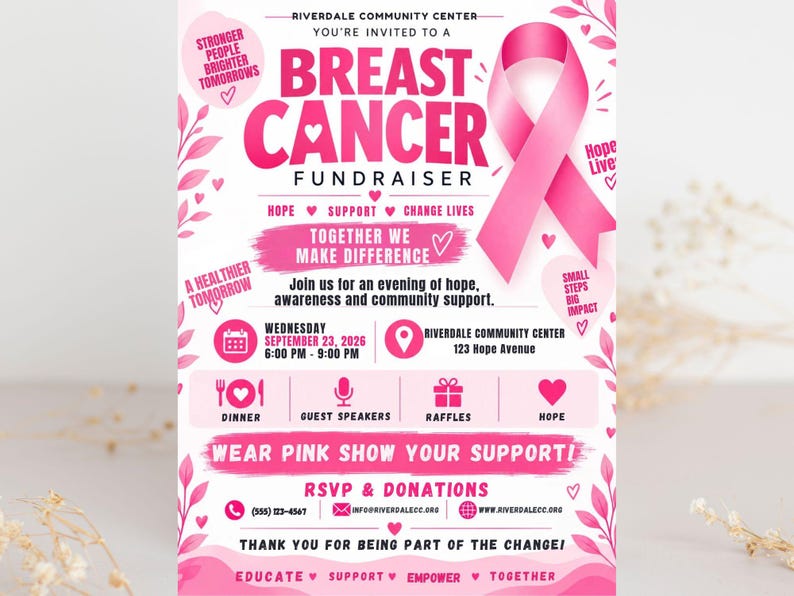 Party Invite Raffles Editable Breast Cancer Fundraiser Invitation Template | Pink Ribbon ...