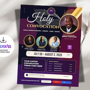 Puede incluir: Un folleto morado y dorado para un evento de Holy Convocation con el texto Holy Convocation, Annual Kingdom Gathering, Worship, Word, Revival, las fechas del 30 de julio al 2 de agosto de 2026 y espacios para fotos y detalles.