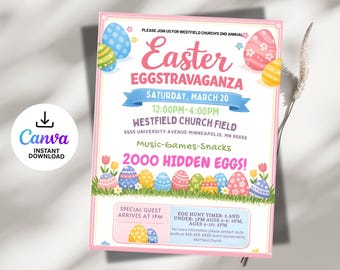 Editable Easter Eggstravaganza Flyer Printable, Egg Hunt Party Invite, Canva