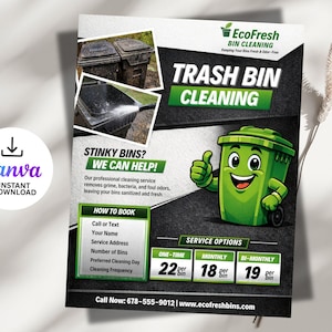 Könnte beinhalten: Flyer für den EcoFresh-Mülltonnenreinigungsdienst. Der Flyer zeigt eine grüne Cartoon-Mülltonne mit einem Daumen hoch. Der Text enthält "Mülltonnenreinigung", "Stinkende Tonnen? Wir können helfen!" und Serviceoptionen.