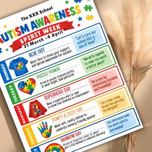 school spirit,spring event flyer,school spirit wear,special needs kids,spirit week flyer,editable template,canva template,week schedule,spirit week template,spirit week schedule,autism awareness,spring flyer,flyer template